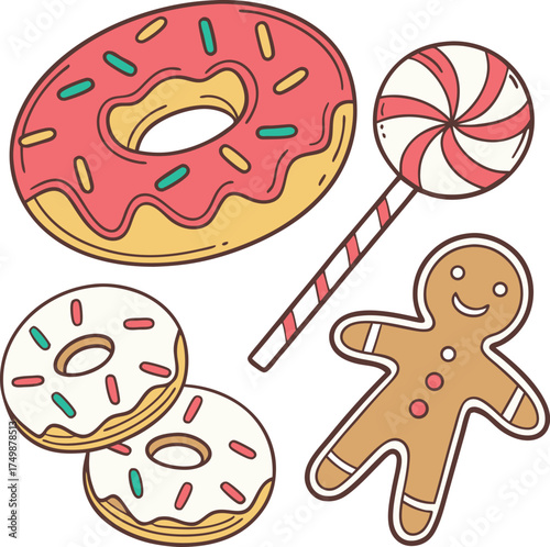 Cute Holiday Dessert Set Featuring Donuts, Gingerbread, and Candy Cane Vector