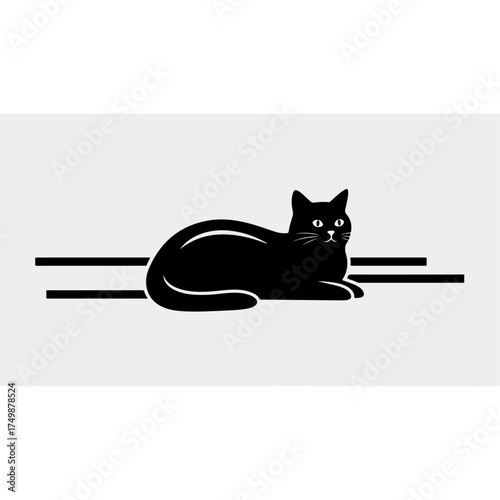 Black cat lying down with two horizontal lines on a white background.