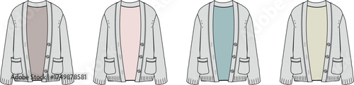 Collection of four different colored cardigans, each with a front opening and two pockets