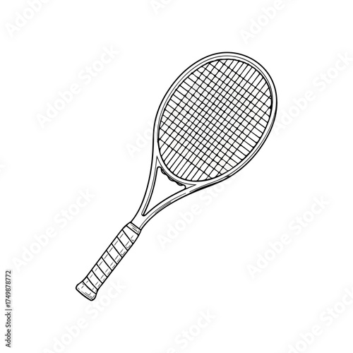 Detailed illustration of a tennis racket, ready for play on the court.