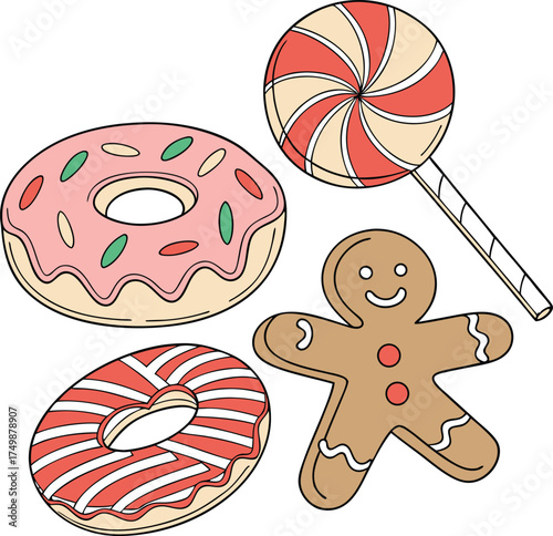 Cute Holiday Dessert Set Featuring Donuts, Gingerbread, and Candy Cane Vector