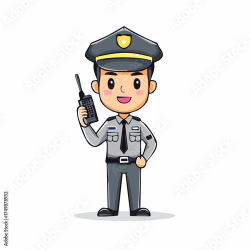 Cartoon policeman holding radio communicator against white background