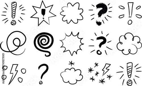 Hand drawn doodle elements with exclamation and question marks set