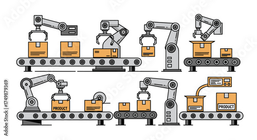 Robotic arms on conveyor belts packaging boxes, showcasing automated industrial processes and manufacturing.