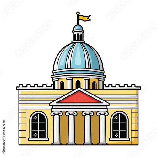 Yellow building with dome and columns isolated on white