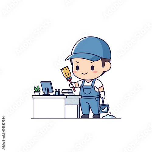Cute chibi janitor character in uniform cleaning an office desk.
