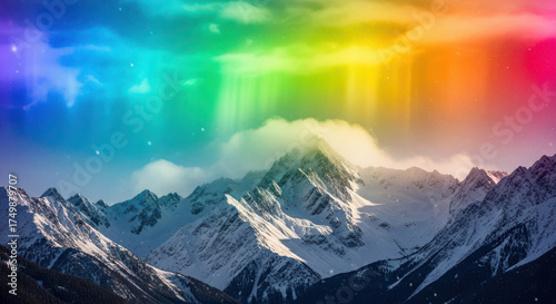 Vibrant rainbow sky over snowy mountain peaks ethereal light display atmospheric wonder