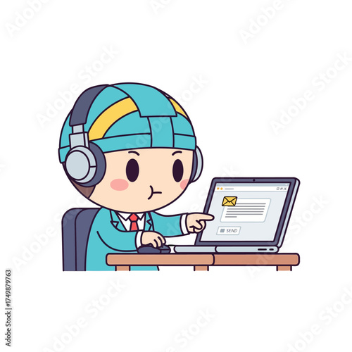 Adorable cartoon character in a helmet using a laptop.