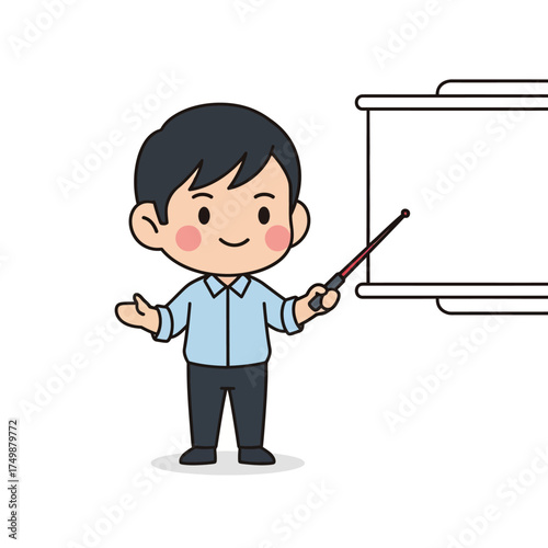 Cute Cartoon Teacher Presenting Information on Whiteboard.