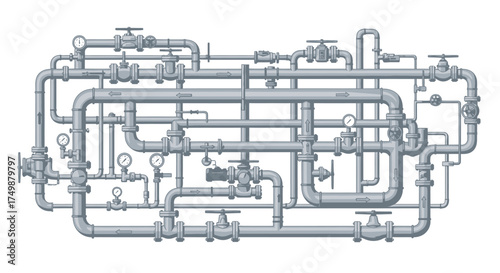 Complex maze of industrial steel pipes, water mains, and valves on a white background, representing engineering infrastructure