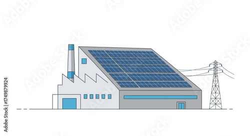 Illustration of a factory building with solar panels on the roof, next to a power pylon.