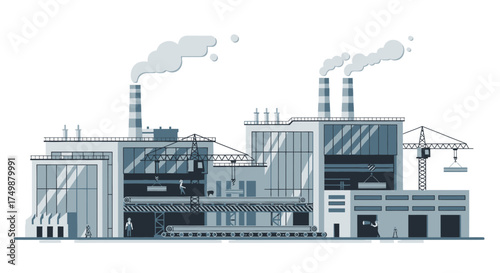 Industrial factory building with smokestacks and cranes, representing manufacturing, production and modern industry concept
