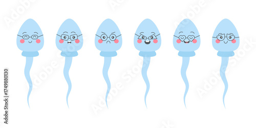 Set of cute cartoon emojis with sperm in glasses. Sperm characters with emotions, happy, sad, cheerful. Vector illustration.