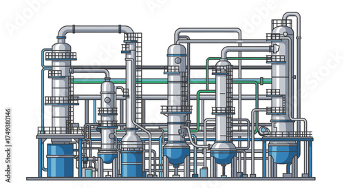 Illustration of a complex industrial plant with interconnected towers, pipes, and vessels, showcasing intricate engineering design.