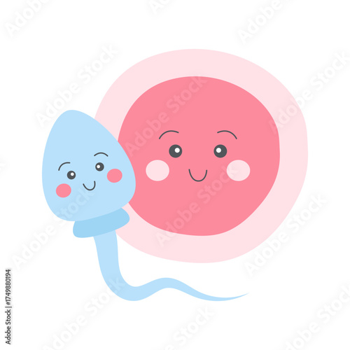 Cute sperm and egg cell. Fertilization concept. Vector illustration.