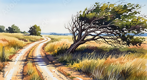 Countryside Road With Tree in Wind Illustration.