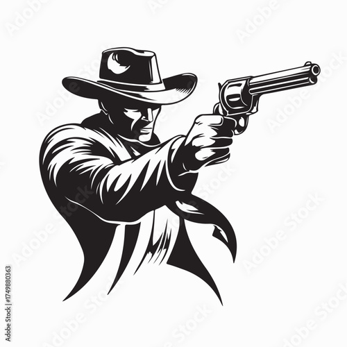 Wild West Cowboy Holding Pistol Silhouette Vector on white background