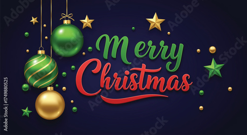 A festive illustration showcasing a Merry Christmas greeting with ornaments and stars. The design features a dark blue background, enhancing the vibrant colors and elegant decorations.