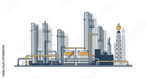 Modern outline illustration of an oil and gas processing plant with storage tanks and pipelines isolated on a white background