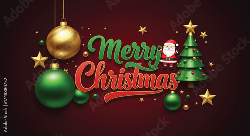 A vibrant Christmas illustration showcasing ornaments, stars, Santa Claus, and a decorated tree, perfect for spreading holiday cheer, festive spirit and a dark red background. Merry Christmas! 
