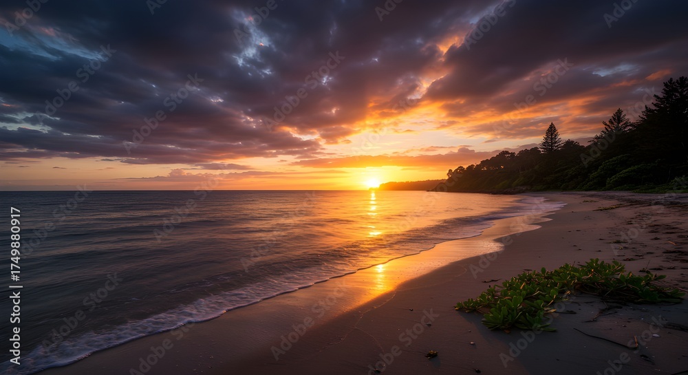 Obraz premium Breathtaking Coastal Sunset Landscape Serene Beach Plants Twilight Ocean Waves