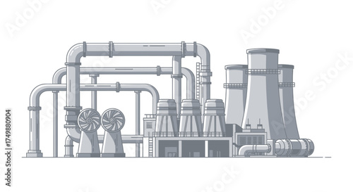Monochromatic vector illustration of an industrial nuclear power plant complex, showcasing energy generation technology with reactors and cooling towers