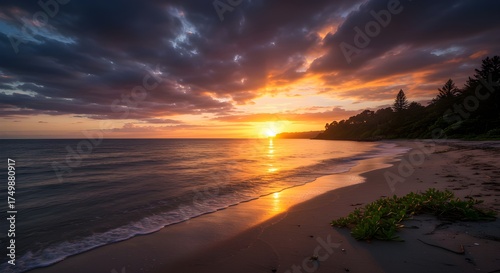 Breathtaking Coastal Sunset Landscape Serene Beach Plants Twilight Ocean Waves