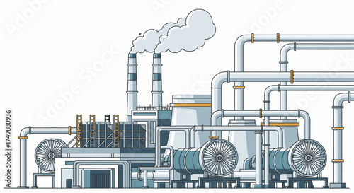 Illustration depicts an industrial complex with smokestacks, pipes, and machinery, emitting smoke.