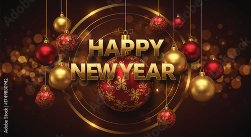 A festive illustration showcasing a Happy New Year greeting card with golden ornaments and red baubles, perfect for celebrating the holiday season with joy and elegance.