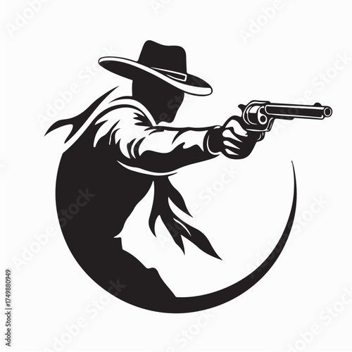 Cowboy with Revolver in Hand Silhouette logo Vector on white background