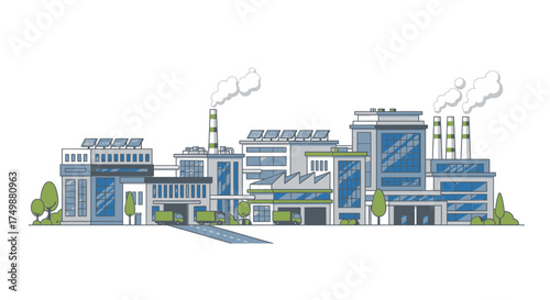 Vector illustration of a modern industrial factory complex with solar panels on the roof, representing sustainable energy in manufacturing and production