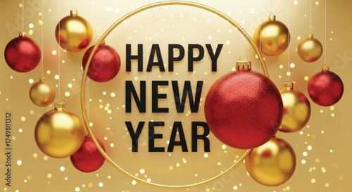 Celebrate the new year with this festive illustration featuring golden and red ornaments on a golden background. Perfect for holiday greetings and decorations. 