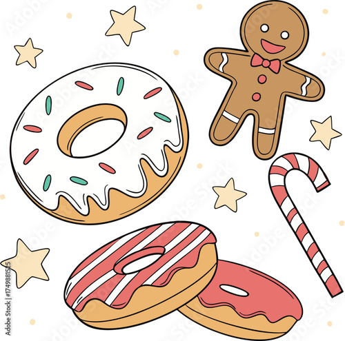Cute Holiday Dessert Set Featuring Donuts, Gingerbread, and Candy Cane Vector