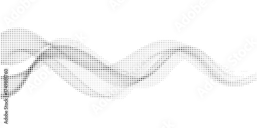 Flowing dots particles wave pattern 3D curve halftone black gradient curve shape isolated on white background. Vector in concept of technology, science, music, modern