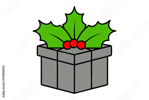 Gift Box with Holly Berry Leaves Top Decoration