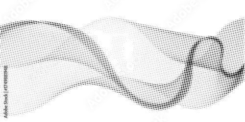Flowing dots particles wave pattern 3D curve halftone black gradient curve shape isolated on white background. Vector in concept of technology, science, music, modern