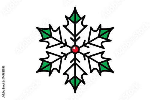 Snowflake with Holly Berry Leaves Combination Vector