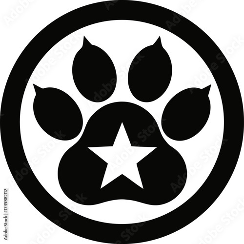 Dog Paw Inside a Star Circle Silhouette Vector
