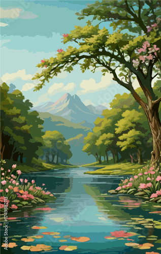 Tall tree beside calm reflective water