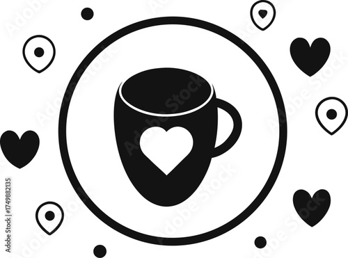 Love Themed Coffee Cup in Heart Border Vector