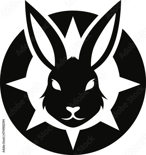 Bunny Face Inside Star Frame Icon Black and White