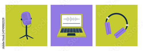 Podcasting materials set. Microphone, laptop, headphones. Concept of recording and listening to broadcast, online radio. Vector illustration.