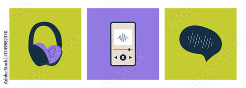 Podcasting materials set. Microphone, speech bubble, headphones. Concept of recording and listening to broadcast, online radio. Vector illustration.