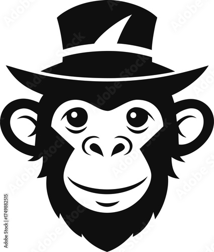 Monkey Head in Magic Hat Black and White Illustration