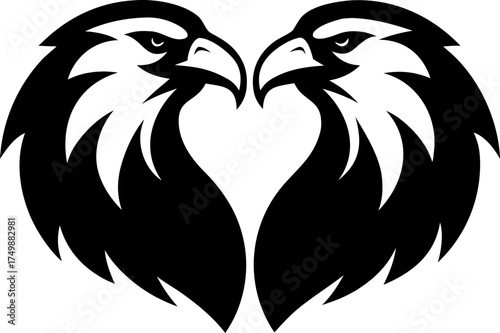 Two Eagle Heads in Love Circle Black and White