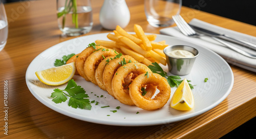 Delicious fried calamari served on white plate – gourmet seafood meal, golden crispy squid rings, restaurant style presentation, Mediterranean cuisine, appetizing snack,