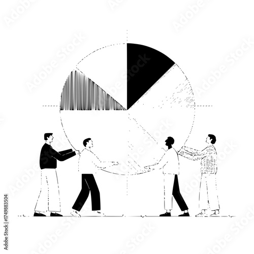 Four people holding up a large pie chart with different sections in black and white monochrome style