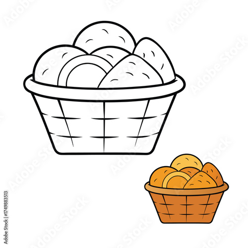 A charming coloring page featuring a basket full of fresh bread loaves, ready to color with warm tones, perfect for food lovers and cozy kitchen art.
