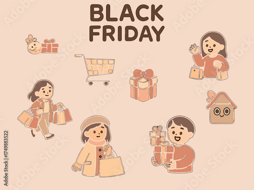 ChatGPT сказал:

A cute Black Friday illustration featuring cheerful shoppers with bags and gifts, shopping carts, and festive icons in warm beige and brown tones, perfect for holiday sale posters and