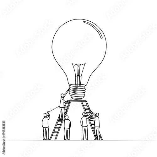 Illustration of a large lightbulb with people on ladders working on it in black and white outline style